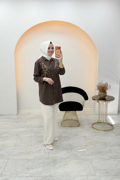 Tensel Boncuklu Gömlek Kahverengi