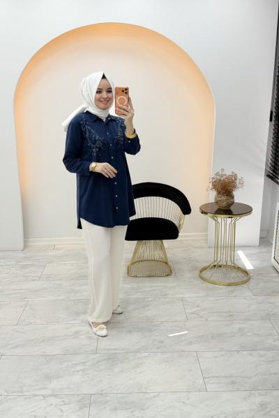 Tensel Boncuklu Gömlek Lacivert