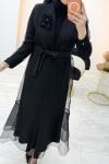 Çiçek Detaylı Organze Abaya Siyah