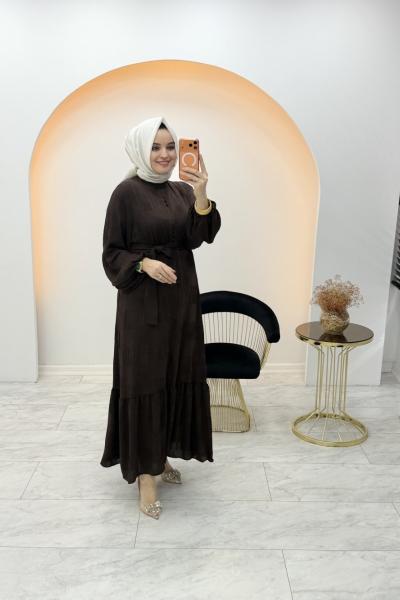 Desenli Şifon Elbise Kahverengi