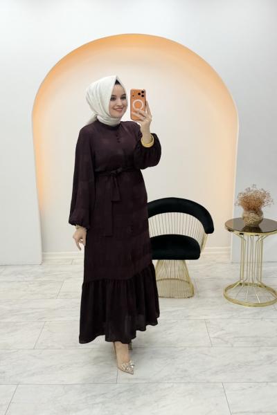 Desenli Şifon Elbise Bordo