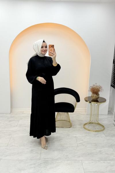 Desenli Şifon Elbise Siyah