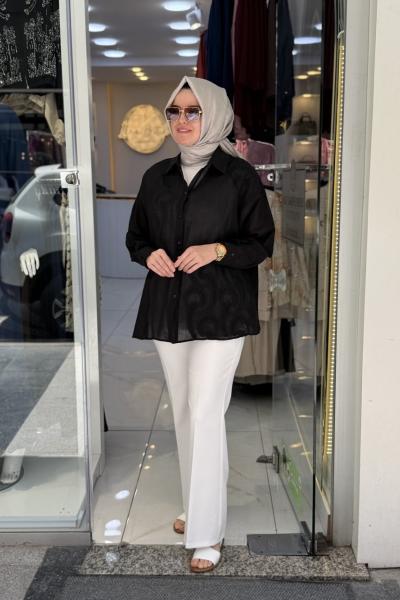 Nakış Detaylı Vual Gömlek Siyah