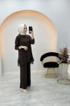 Gizem Şifon Detaylı Pantolon Takım Kahverengi