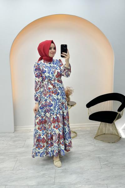 Merwish Yaz Elbise Lacivert Kırmızı