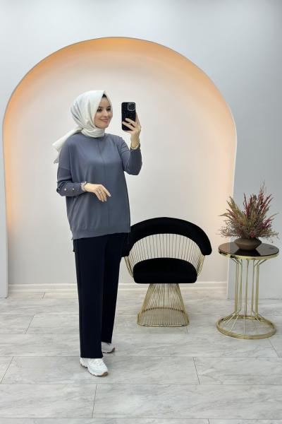 Düğme Detaylı Merserize Tunik Füme