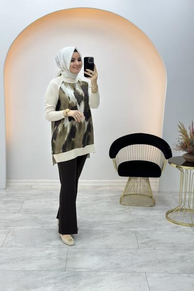 Desenli Qupra Tunik Krem