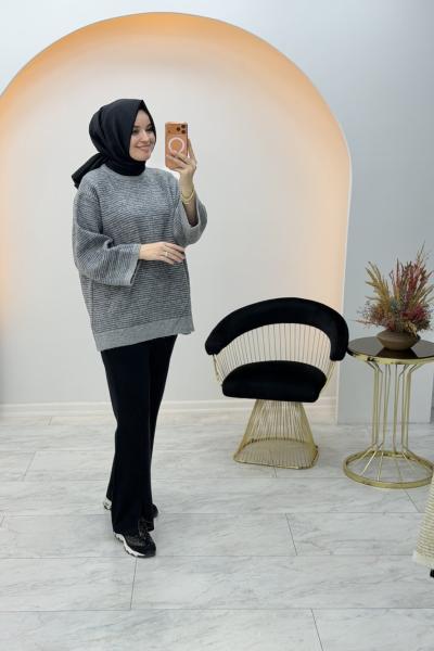 Simli Triko Tunik Gri