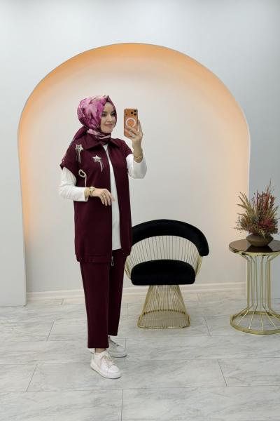 Mor İpek Yelekli Takım Bordo