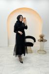 Çiçek Detaylı Organze Abaya Siyah