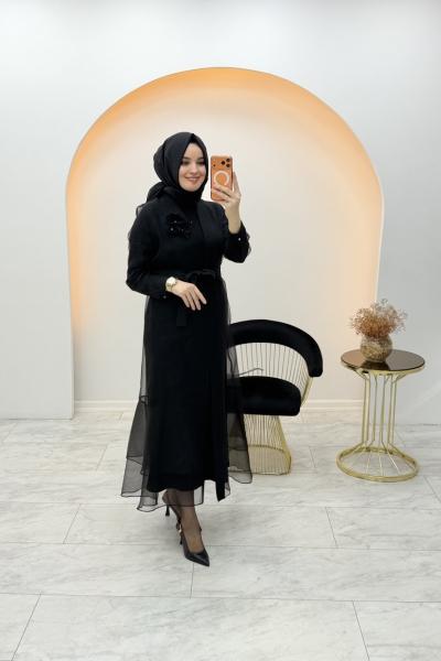 Çiçek Detaylı Organze Abaya Siyah